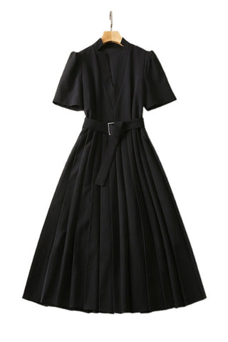 V-neck Pleated High-end Professional-looking Crepe Pleated Black Midi Dress