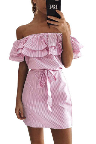 Soft Sophistication-Ruffled Sleeves Striped Off-shoulder Bateau Neck Dress