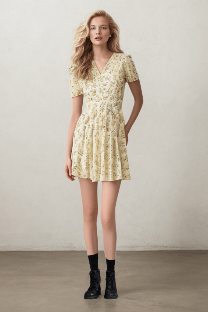 Light Layers-Floral Puff Sleeve V-neck Slim Fit French Retro Dress