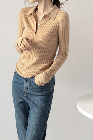 Flattering Fit Polo Neck Wool Vertical Striped Knit Sweater