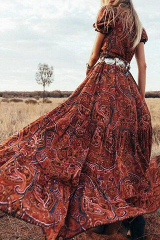 Autumn Awakening-Printed V-Neck Bohemian Resort Dress