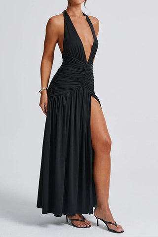 Neckless V-neck Backless High Split Long Dress