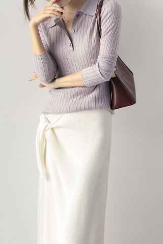 Flattering Fit Polo Neck Wool Vertical Striped Knit Sweater