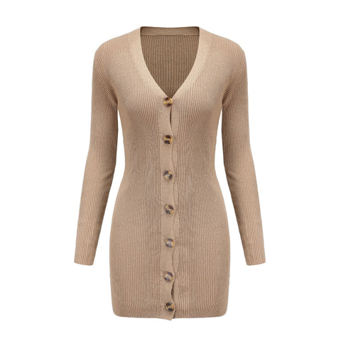 Soft Sophistication V-neck Solid Button Sweater Dress