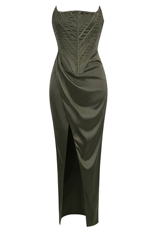 Understated Glam Wrap Chest Fishbone Waistband Slimming Split Long Dress