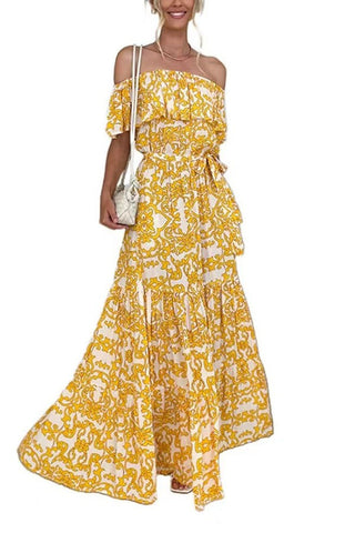 Evening Stroll Elegance-One-shoulder Short-sleeved Printed Ruffled Long Skirt