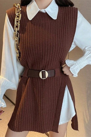 Chic Layers Tie Waist Knit Vest Shirt Two Piece Set