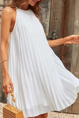 Moonlit Dinner Delight-Sleeveless Pleated Strappy Dress