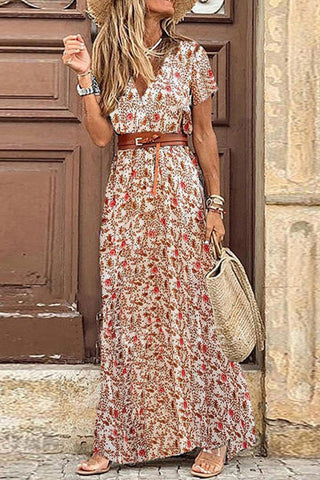 Autumn Breeze-Bohemian V Collar Floral Dress