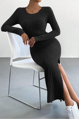 Understated Glam-Autumn and Winter New Long-sleeved Round Neck Slit Knitted Long Jumpsuit Dress