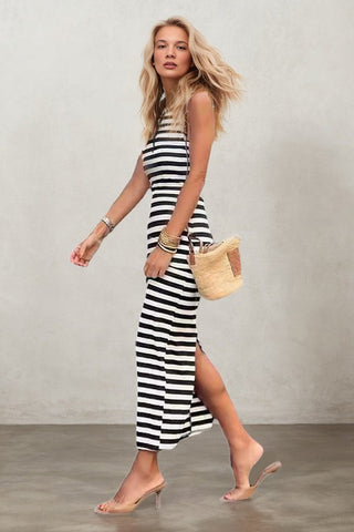 Weekend Getaway Vibes Striped Wrap Split Hip Wrap Dress