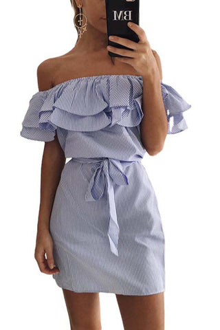 Soft Sophistication-Ruffled Sleeves Striped Off-shoulder Bateau Neck Dress