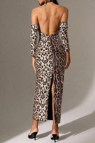 Leopard Print Sexy Sequins Hollow Out Hanging Neck Backless Dress