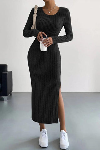 Understated Glam-Autumn and Winter New Long-sleeved Round Neck Slit Knitted Long Jumpsuit Dress