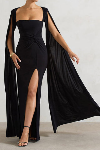 Everyday Luxe Square Neck Floor Length Sleeve High Split Solid Color Sexy Dress