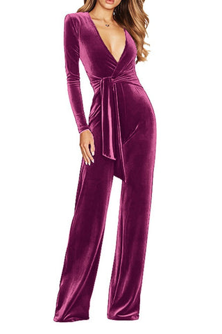 Dusk to Dawn-Deep V Belted Velvet Long-sleeved Jumpsuit