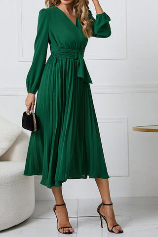 Effortless Elegance V-neck Puff Sleeve Pleated Dress