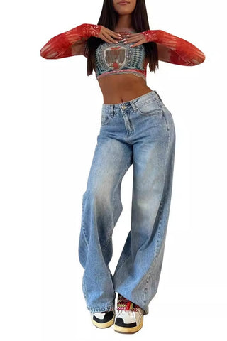 Retro Multicolor Denim Wide Leg Pants