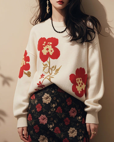 White Flower Jacquard Knit Pullover Sweater