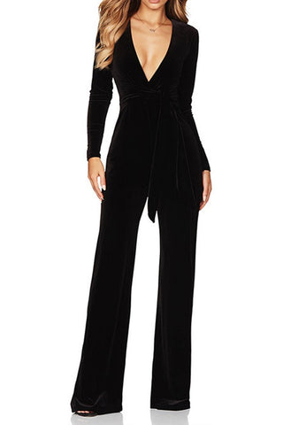 Dusk to Dawn-Deep V Belted Velvet Long-sleeved Jumpsuit