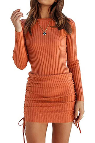 Knitted Slim-fit Smocked Long-sleeve Dress