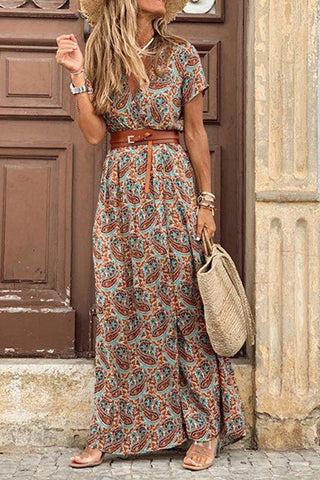 Autumn Breeze-Bohemian V Collar Floral Dress