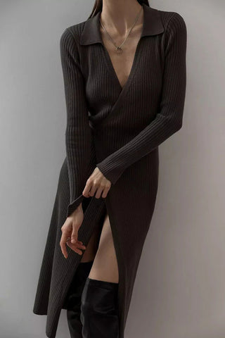 Flattering Fit Lace-up long-sleeve polo neck dress