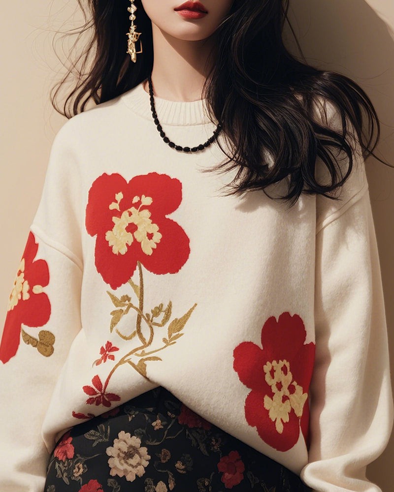 White Flower Jacquard Knit Pullover Sweater