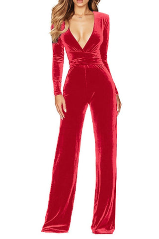 Dusk to Dawn-Deep V Belted Velvet Long-sleeved Jumpsuit