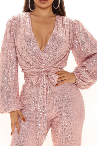 Glittery Deep-V Lantern Sleeve Sequin Party Jumpsuit