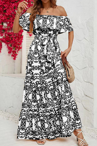 Evening Stroll Elegance-One-shoulder Short-sleeved Printed Ruffled Long Skirt