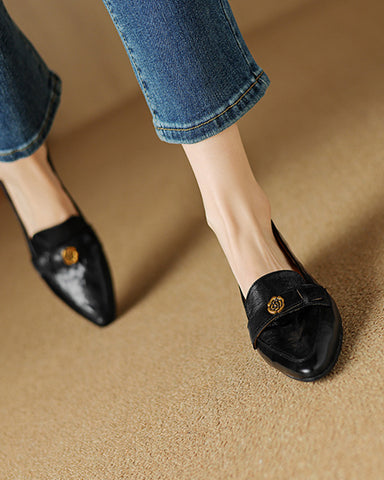 Pointed Toe Camellia Retro Thick Mid-Heel Loafers