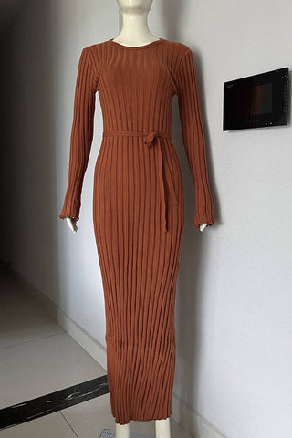 Subtle Glamour-Waisted Round Neck Slimming Knitted Long Skirt With Large Pit Strips