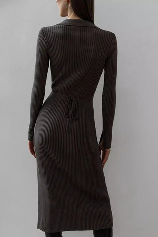 Flattering Fit Lace-up long-sleeve polo neck dress