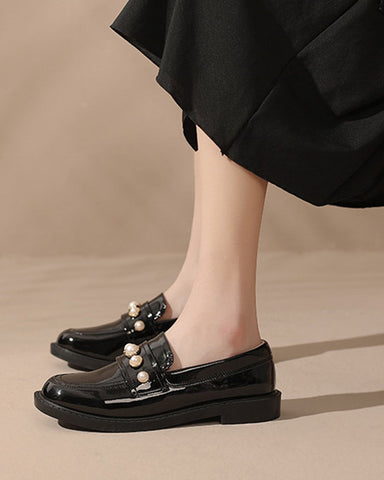 Pearl-Embellished Block Heel French Loafers