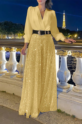 Stylish V-neck Long Sleeve Sequin Wide Leg Pants