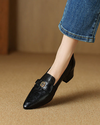 Pointed Toe Camellia Retro Thick Mid-Heel Loafers