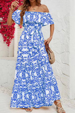 Evening Stroll Elegance-One-shoulder Short-sleeved Printed Ruffled Long Skirt