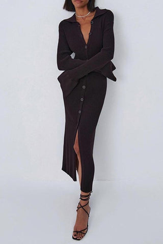 Autumn Breeze-V-neck Long Bell Sleeve Sweater Dress