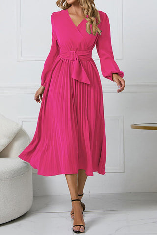 Effortless Elegance V-neck Puff Sleeve Pleated Dress