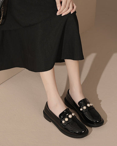 Pearl-Embellished Block Heel French Loafers