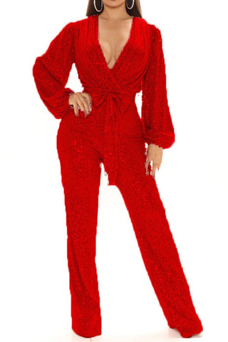 Glittery Deep-V Lantern Sleeve Sequin Party Jumpsuit