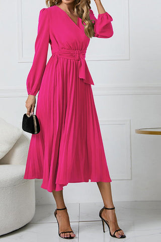 Effortless Elegance V-neck Puff Sleeve Pleated Dress