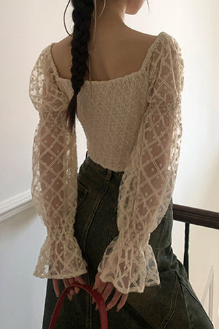 2024 Fall French Celebrity Hollow Out Lace Shirt Square Neck Bubble Sleeve Top