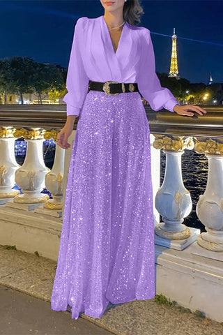 Stylish V-neck Long Sleeve Sequin Wide Leg Pants