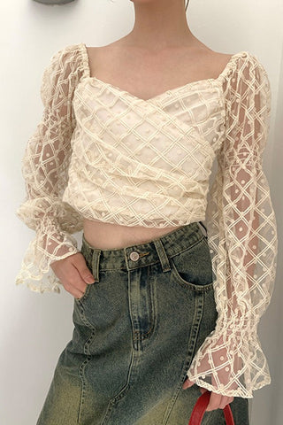 2024 Fall French Celebrity Hollow Out Lace Shirt Square Neck Bubble Sleeve Top