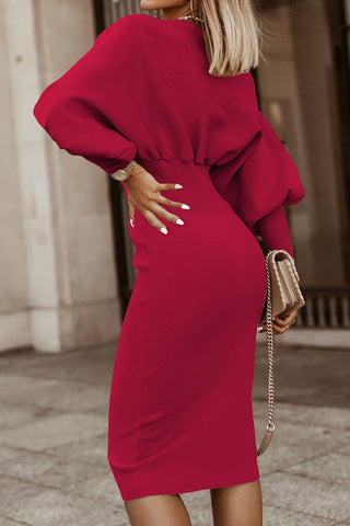 Solid Color Lantern Sleeve Waist-slimming One-Step Dress