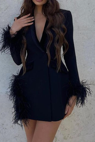 Sleek Silhouette Long Sleeve Camel Hair Deep V Suit Dress