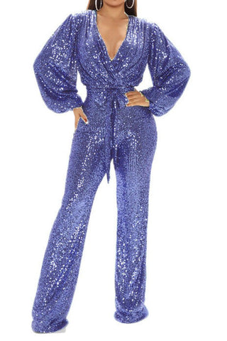 Glittery Deep-V Lantern Sleeve Sequin Party Jumpsuit