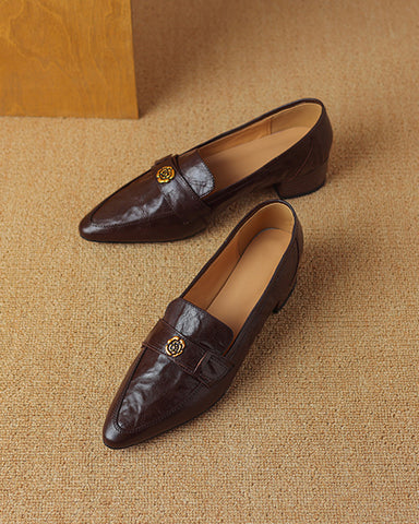 Pointed Toe Camellia Retro Thick Mid-Heel Loafers